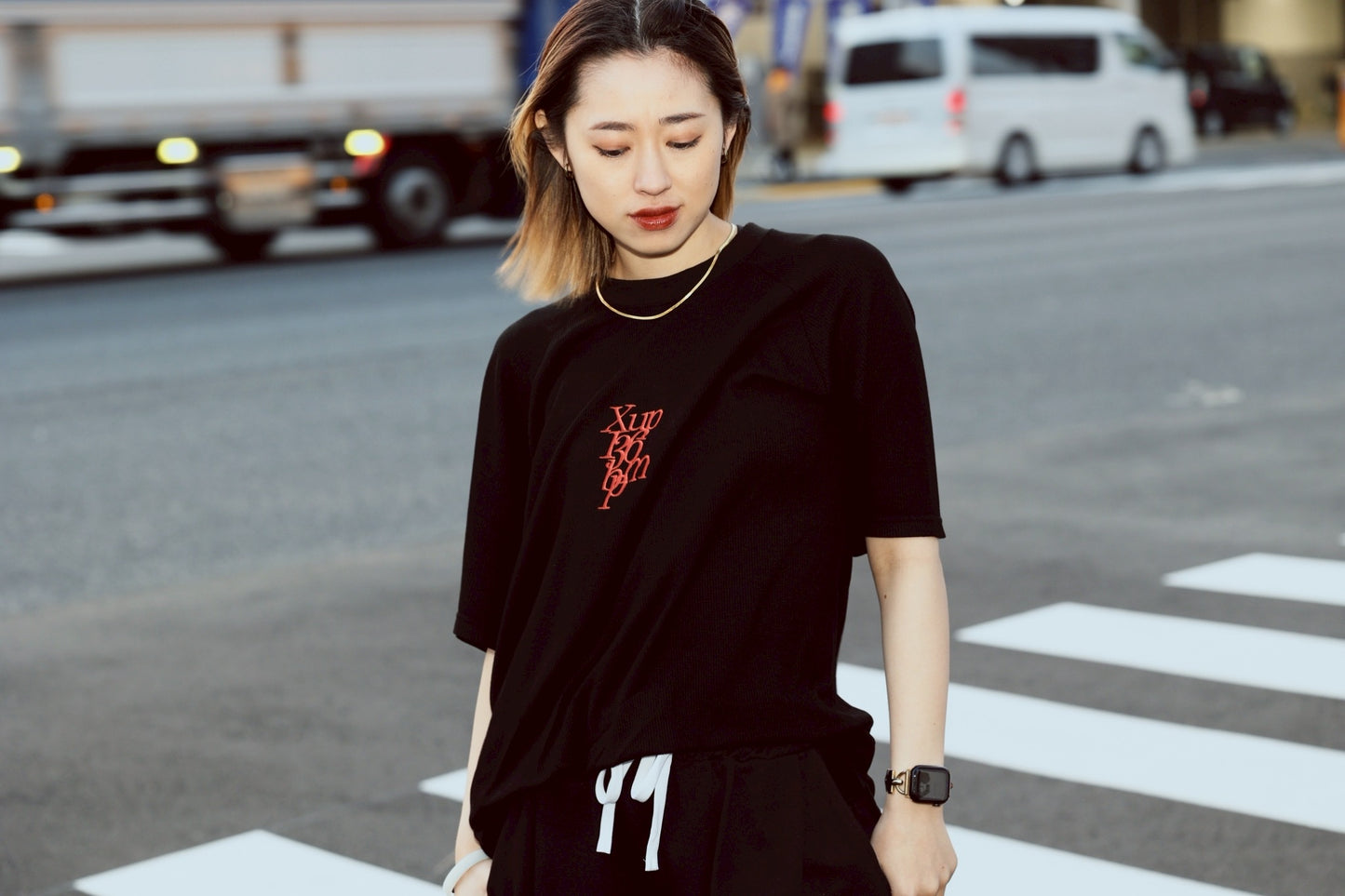 136bpm waffle Tshirt black×red