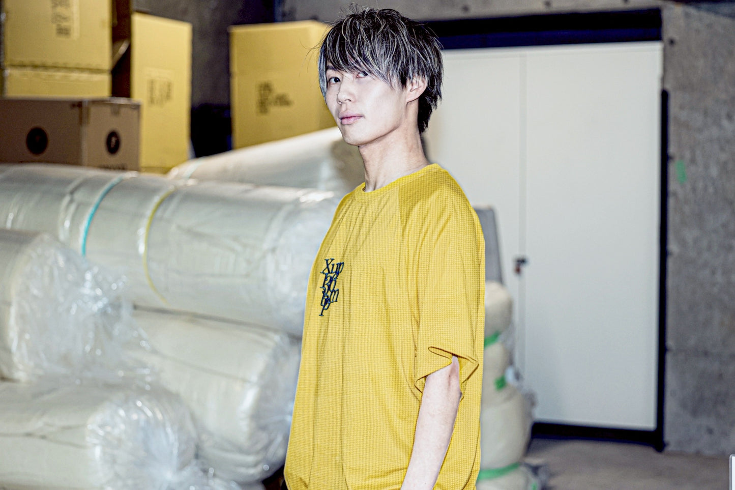 136bpm waffle Tshirt mustard×navy
