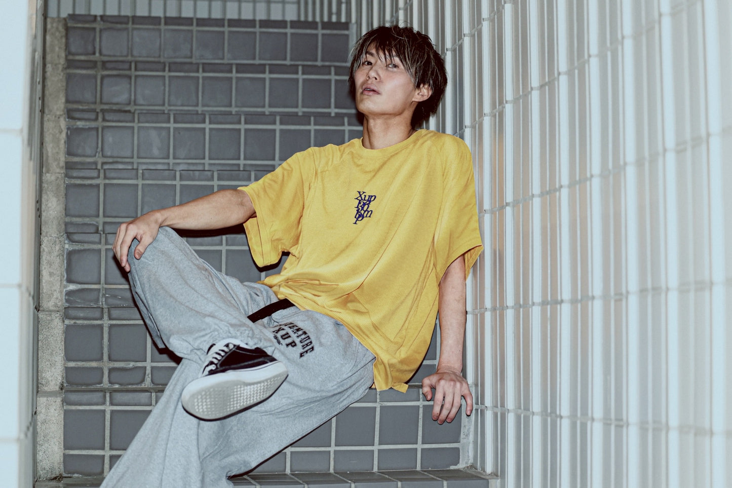 136bpm waffle Tshirt mustard×navy