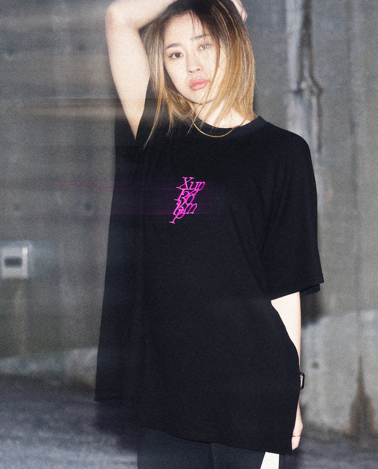 136bpm waffle T shirt black×pink